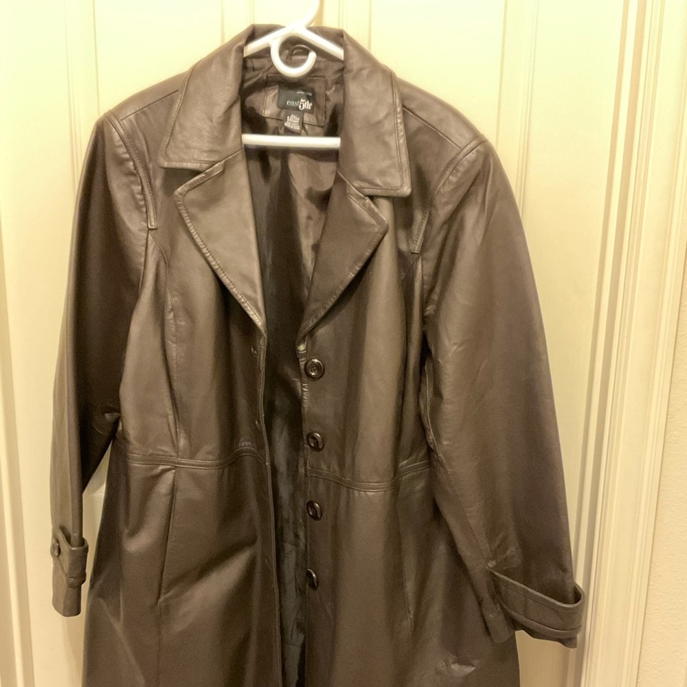 East5th 3/4 length brown leather coat.